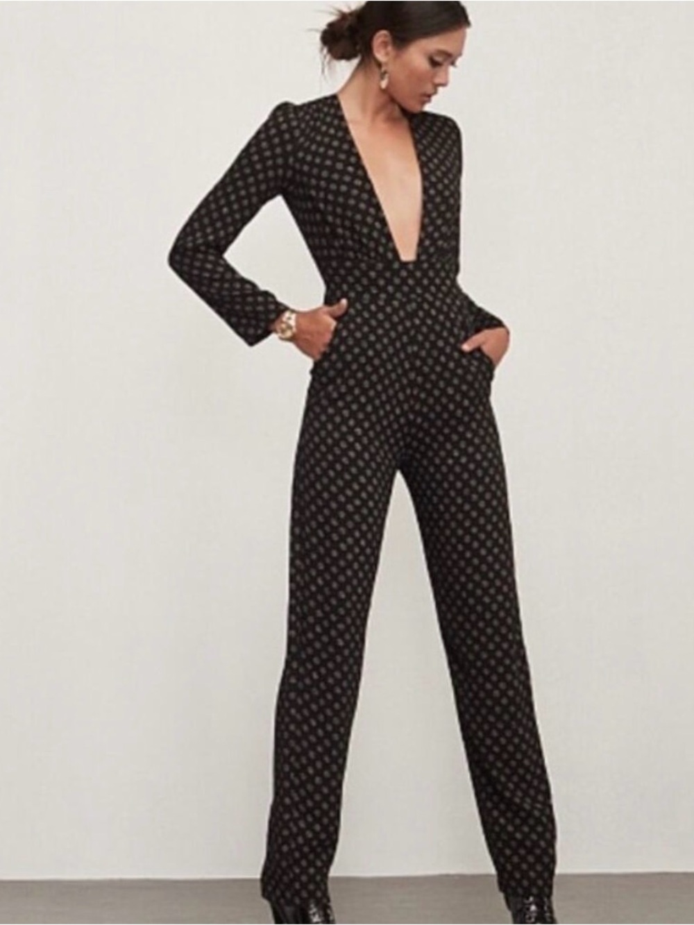 Reformation Mayhem Floral Raleigh Long Sleeve Plunge Neck Black Jumpsuit 2 NEW